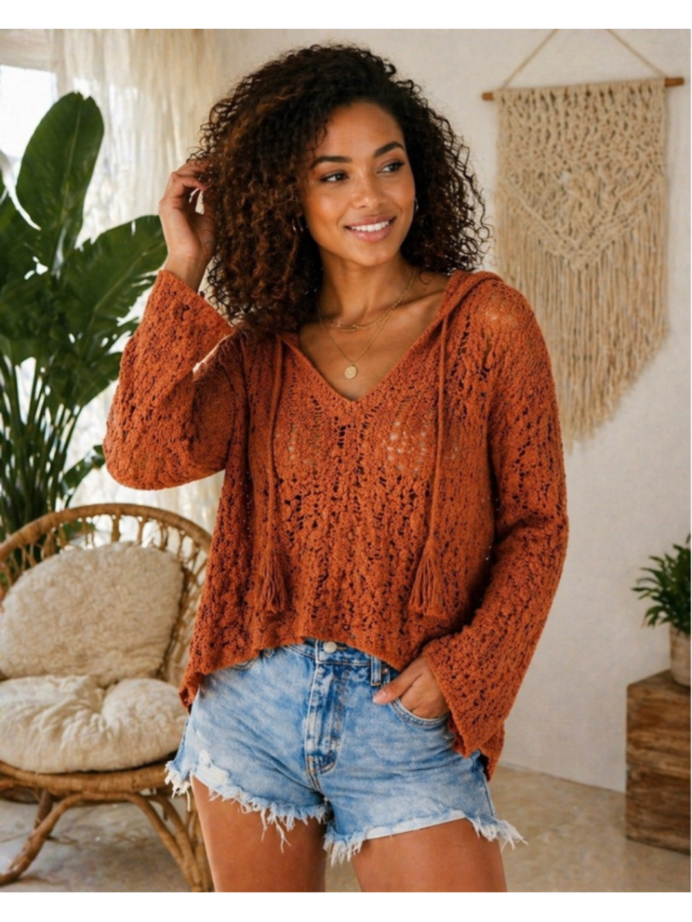 Rust Open-Knit V-Neck Hoodie Sweater - Women